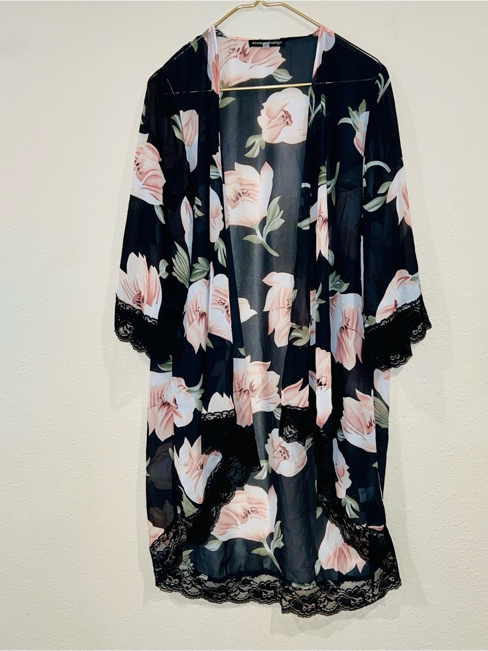 Always Indigo Floral Sheer Kimono Cardigan Cover-Up lace trim size Large
